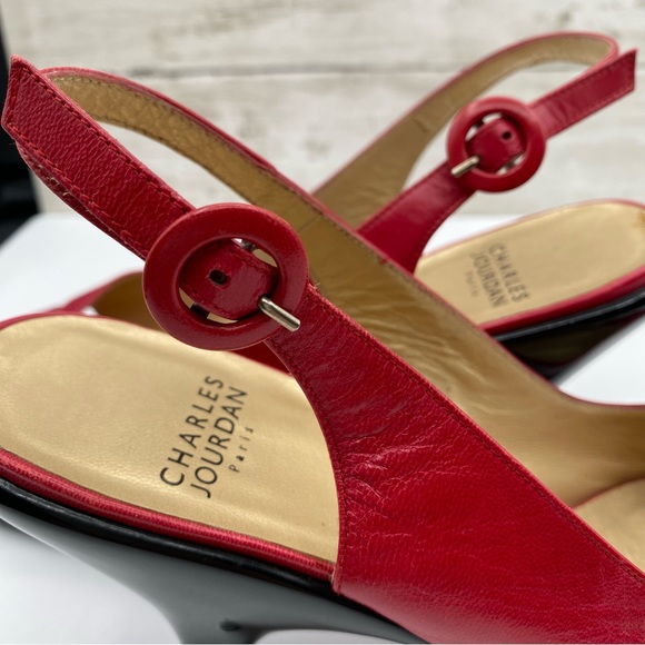 Charles Jourdan Red Leather Pumps With Back Heel - Picture 5 of 12